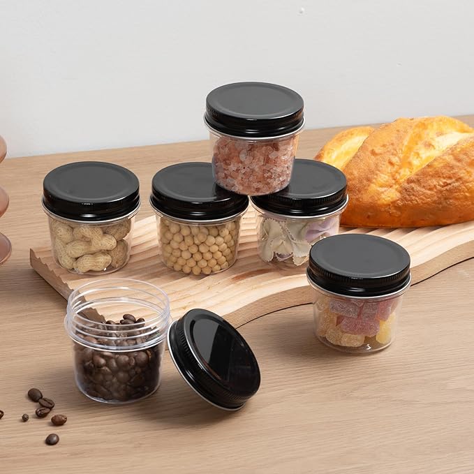 novelinks Plastic Jars With Lids 60Pcs 4 oz Mason Jars Plastic Mason Jars 4 oz Food Storage for Milkshakes Juice Nuts Cupcakes (Black, 60 Pack 4 Ounce)