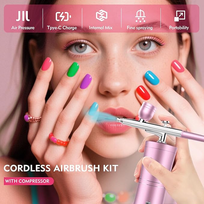 Cordless Rechargeable Airbrush Kit with Compressor - Adjustable High-Pressure Non-Clogging 0.3mm Nozzle Complete Set for Nail Art, Cake Decor, Barber, Model Painting & Makeup (PINK)