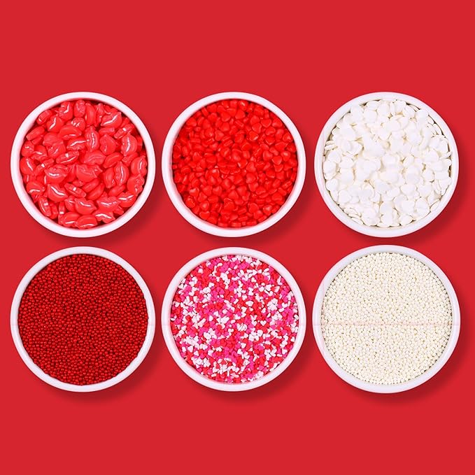 Heart Sprinkles Valentines Edible Sprinkle Mix Red White Heart Shapes Nonpareils Pastel Sprinkles for Cake Decorations Baking Ice Cream Cookies Cupcake Topper 6 Packs