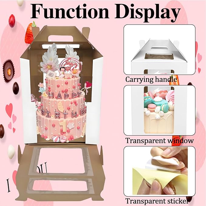 Cake Boxes - 2 Pack Tall Cake Box 12x12x14 Inch Disposable Layer Carrier with Window Large Tierd Cake Out Transport Containers with Handle for Wedding, Birthday, Party (White)