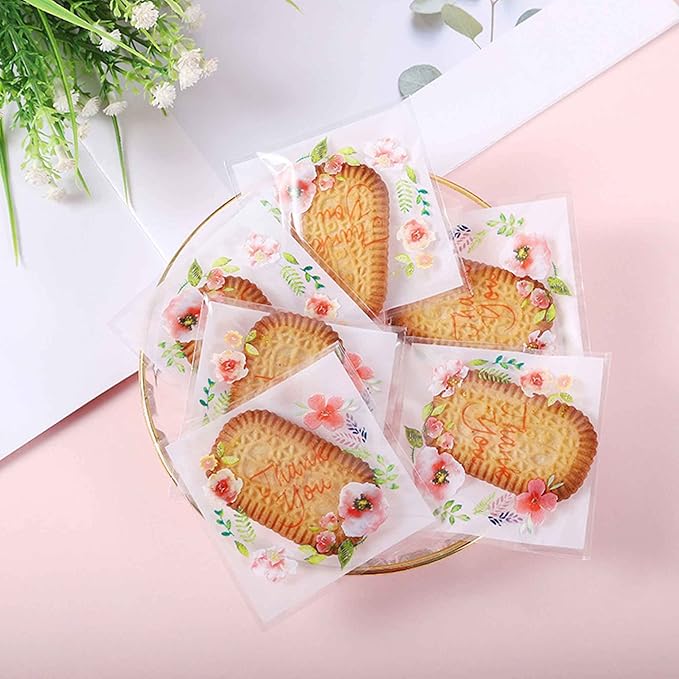 200pcs 5.5x5.5in Thank You Candy Bags Individual Cookie Wrappers Pink Flower Self Adhesive OPP Cookie Bakery Bags Roasting Treat DIY Translucent Plastic pouches