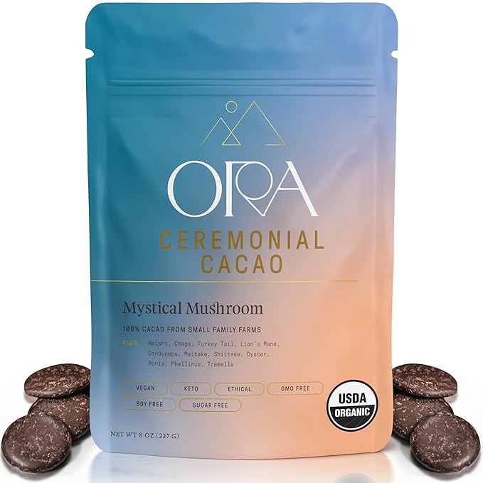 ORA Ceremonial Cacao - Mystical Mushroom - Organic 100% Cacao with Lion's Mane, Reishi, Chaga - Adaptogenic - Ethical - High Flavanol - Unsweetened - Heavy Metals Tested - 8oz