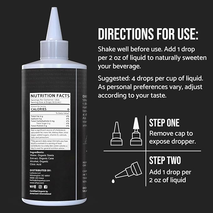 Organic Stevia Liquid Drops Pure Liquid Stevia Extract, Zero Calorie Sweetener for Coffee, Tea & Baking Keto Friendly Sweetener Drops, 8 fl oz, 1,823 Servings