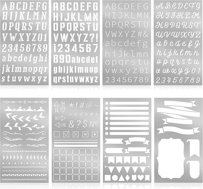 Lewtemi 8 Pcs 4 x 7 Inch Metal Letter Number Stencils Stainless Steel Metal Alphabet Stencils for Engraving Painting Journaling Bookmark Flower Vines DIY(Classic Style)