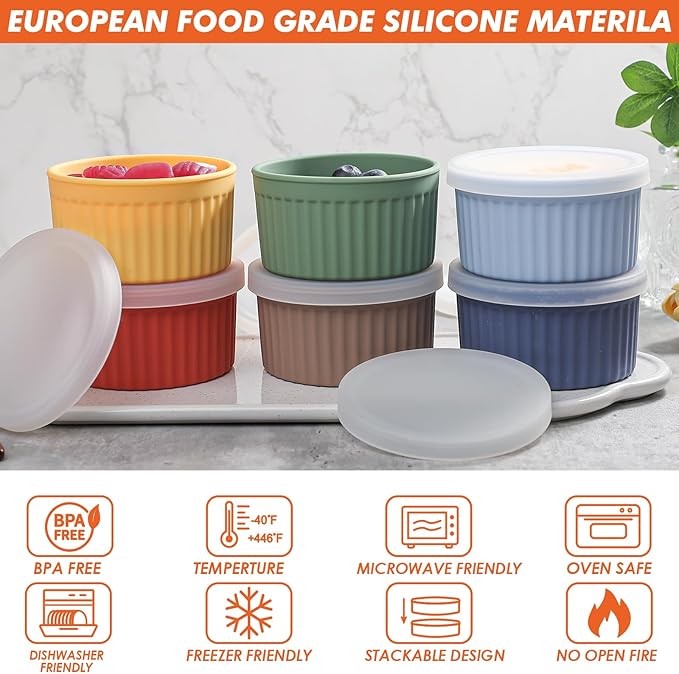 Koluti Nonstick Silicone Ramekins 8oz Set of 6, Creme Brulee Souffle Oven Safe Bowls with Lids, Pudding Dessert Baking Cups Ice Cream Snack Food Storage Container, BPA Free, Microwave, Freezer, Dishwasher Safe