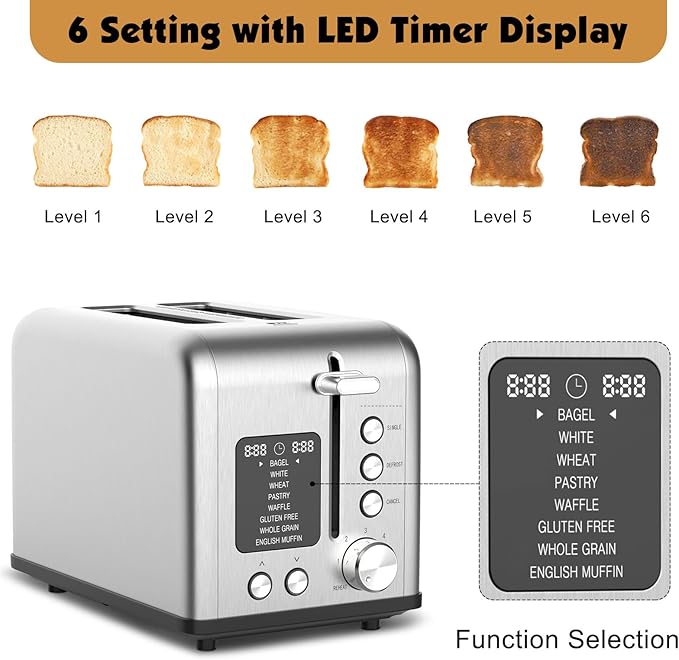 2-Slice Stainless Steel Toaster with Single Slice Function, 8 Bread Types & 6 Browning Levels, Timer Count-down Display, Defrost, Reheat and Cancel Setting with LED Lighting, Extra Lifting, 825W