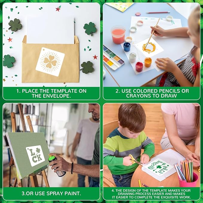 AUGSHY St Patrick's Day Stencils, 56 Pack Clover Theme Templates Stencils for Painting on Wood Ornaments Wood Slice DIY Crafts Fabrics Window St Patrick's Day Party Home Decor (3 Inch)