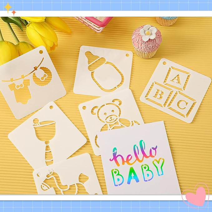 Augshy 56 Pieces Baby Shower Stencils for Painting, 3 Inch Cute Onesie Stencil Mixed Animals Pattern Painting Stencils, Reusable Baby Shower Cake for Bodysuit Shoes Bibs Clothes