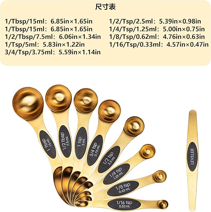Gold Measuring Spoon Measuring Spoon Magnet Stainless Steel Colorful Double End Measuring Spoons Set of 9 Seasoning Spoon Baking Kitchen Tools