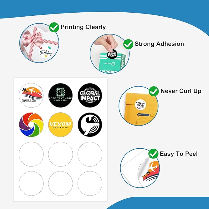 2" Round Sticker Labels for Laser/Ink Jet Printers, White Printable Sheets, Circle Stickers, 100 Sheets | 1200 Labels (HB-C012)
