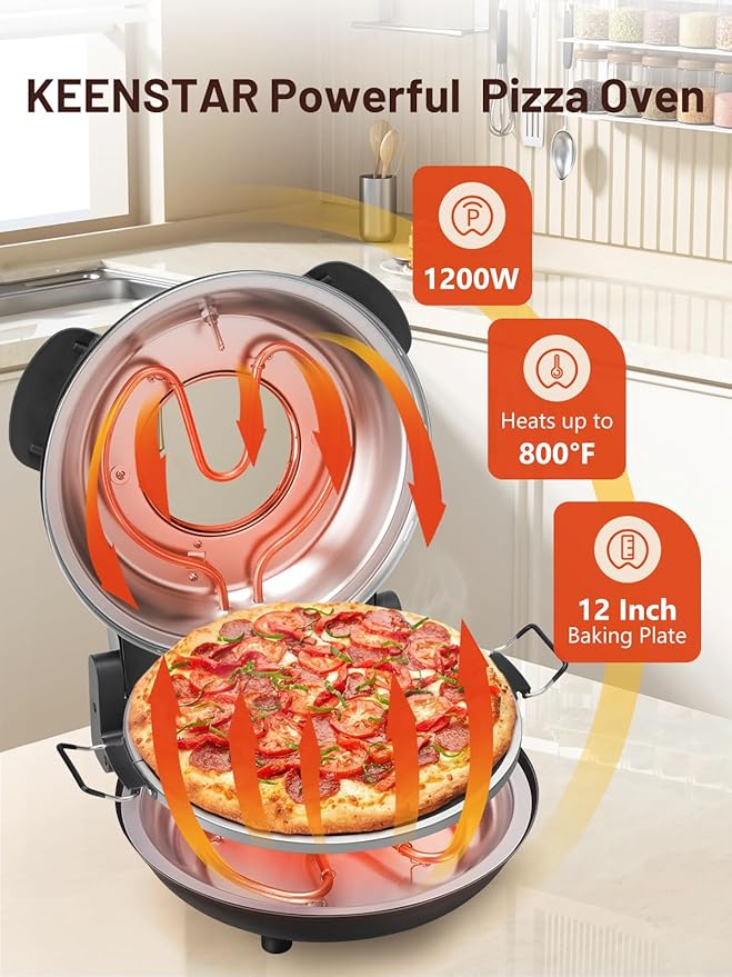 KEENSTAR Electric Pizza Oven Indoor with Glazed Ceramic Stone, 12-Inch Portable Countertop Pizza Maker with Adjustable Timer, 1200W Heat up to 800°F Pizza Maker with Viewing Window for Home DIY Pizza