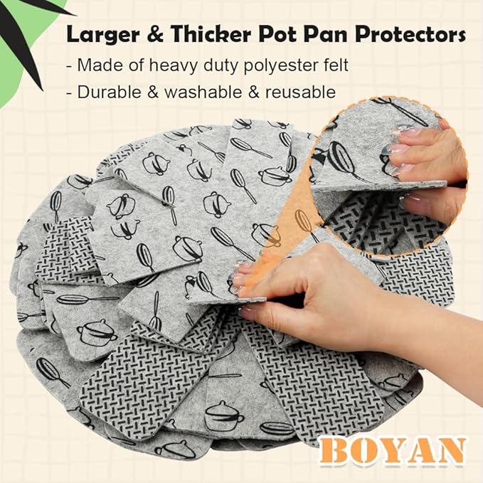 BOYAN Pot and Pan Protectors, Larger & Thicker Felt Pot Protectors for Stacking, Set of 12 & 3 Different Sizes, Cookware Accessories, Pan Separators for Stacking Skillet Fry Pan Ceramic Glassware