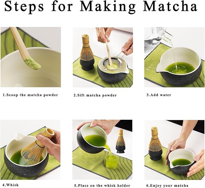ChefBee 8PCS Matcha Whisk Set - Ceramic Matcha Tea Bowl Kit Set Includes Bowl, Whisk and Chasen Holder, Sifter, Bamboo Spoon & Scoop, Scoop Rest, Tea Towel, Christmas Macha Gift for Beginners Lovers