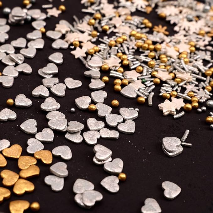 Confect Christmas Sprinkles | Grey, Gold & White Mix | Edible Star, Pearl & Flower Shaped Sprinkles | Elegant Holiday Cake & Cupcake Decorations- 5 Oz