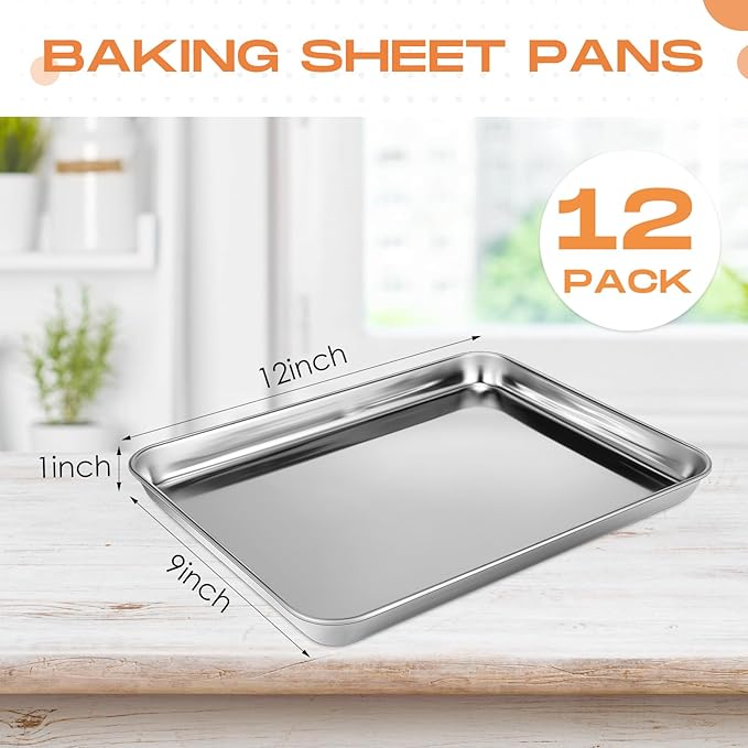 Zopeal 12 Pieces Baking Sheet Pan Cookie Sheet Set for Oven Stainless Steel Trays Nonstick Small Serving Tray Cake Toaster Metal Food Trays, Oven and Dishwasher Safe(12 x 9 x 1 Inch)