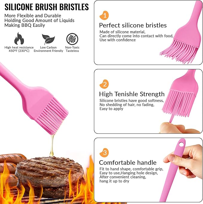 6 pieces basting brush for grilling,pastry brush,bbq basting brush,basting brush,rubber brush for cooking,basting brush for cooking,silicone bbq brush,barbecue sauce brush (pink)