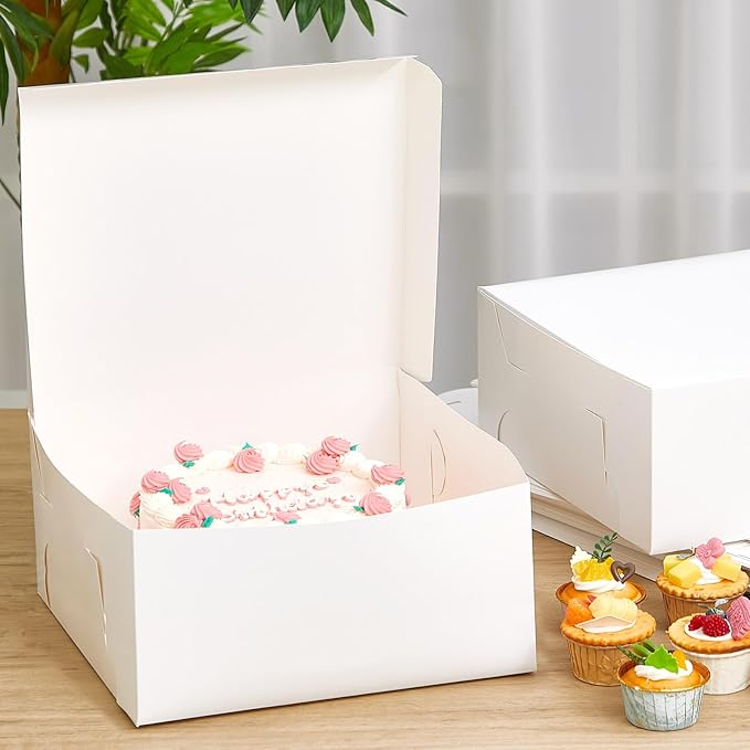 Ireer 50 Pack 14 x 14 x 6 Inch White Cake Boxes Cardboard Bakery Boxes for Pie Pastry Cookie
