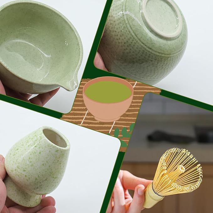Matcha Whisk Set, 7 Pcs Matcha Set Includes Matcha Bowl with Spout, Bamboo Whisk, Holder, Stainless Sifter, Scoop and Rest, Rest, Tea Towel - Japanese Matcha Kit for Matcha Lovers, Family/Friend