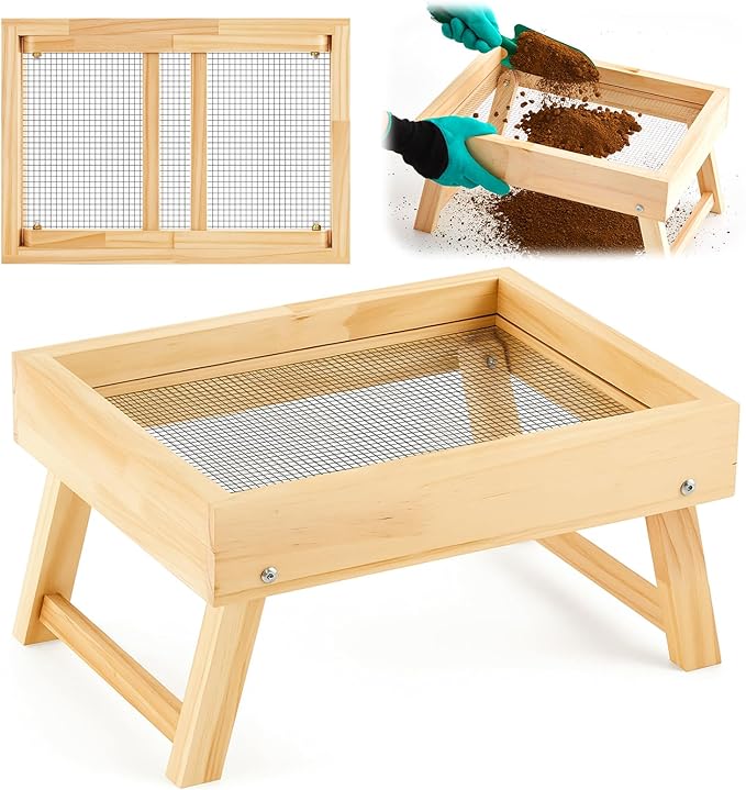Vicenpal 15.8 x 11.8 Inches Soil Sifter Dirt Sifter with Folding Bracket for Garden Soils Wood Compost Sifters for Rocks Sieve with Shovel Glove Set Tool Screen Soil Peat Moss Leave Loam Sand Plant