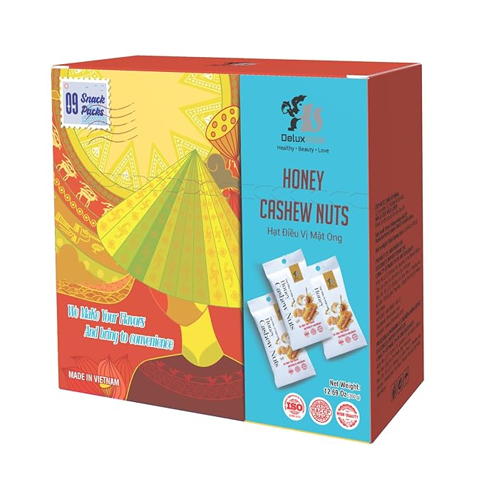 DELUXNUTS Roasted Honey Cashews (9 Packs), Whole Cashew Nuts, Individual Packs, Healthy Snack for Kids & Adults, Good Source of Protein, Gluten-Free