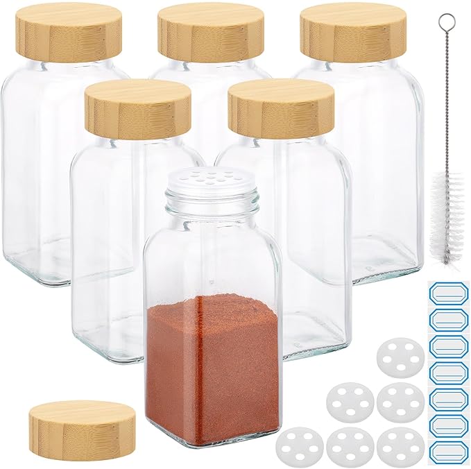 Segarty 6oz Spices Jars with Bamboo Shaker Lids, 6 Pack 180ml Square Spice Containers, Empty Glass Seasoning Organizers Spices Cereal Storage Set, Large Salt and Pepper Shakers, 7 Stickers and 1 Brush