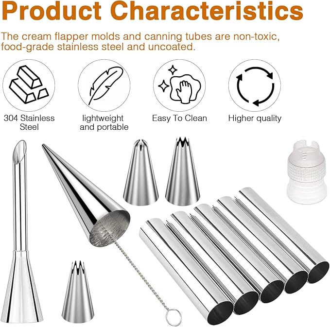 42pcs Cannoli Forms Tubes Kit With Piping Bags Reusable,Non-stick Stainless Steel 20pcs Cone Shaped and 15pcs Tubular Shaped Baking Molds for Danish Pastry Lady Lock Form Cream Roll Croissant