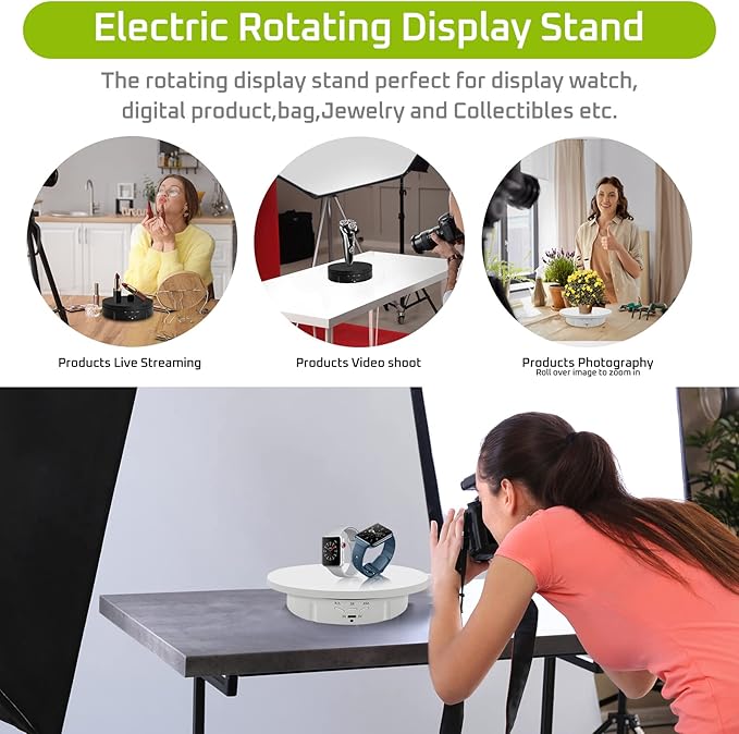 JAYEGT 3 in 1 Motorized Rotating Display Stand with 5.74/7.08/8.66 inch Replacement Cover，Max 22lbs Load , 3D Models, Cake -Black