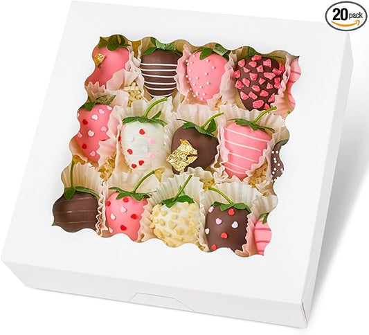 Kucoele 20 PCS Pie Boxes, 9 x 9 x 2.5 Inches Bakery Boxes with Window, Auto-Popup Cookie Boxes White Treat Boxes for Chocolate Strawberries, Pastries, Muffins, Donuts