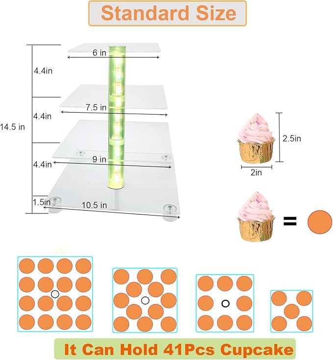Cupcake Stand Acrylic 4 Tier Tower Display Cupcake Cake Stand with Remote LED Light,Multiple Color Changing Modes,Transparency Serving Tray for Any Parties Events(Standard Size)