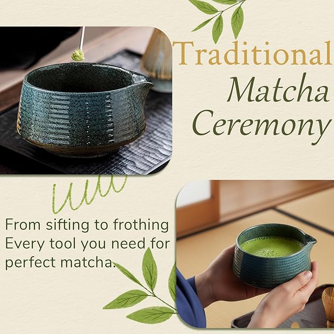 8 Pcs Matcha Whisk Set Chasen Matcha Whisk Bamboo Bowl with Spout Sifter Spoon Scoop Whisk Holder Bamboo Mat Complete Matcha Making Kit (Blue)