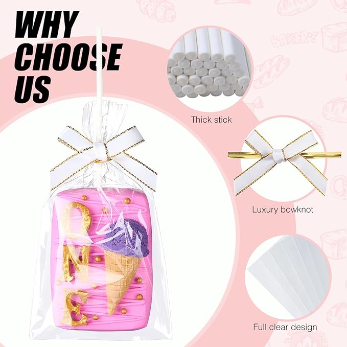 RomanticBaking 50 Sets Clear Rice Krispie Treat Bags with White Ribbon Bow and Stick & Flat Cellophane Clear Bags for Rice Krispie Treats Gift Giving Bag(White)