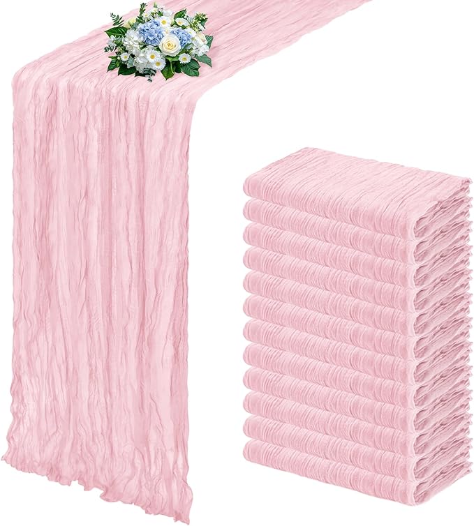 12 Pack Light Pink Cheesecloth Table Runner 17x108 Inch Semi Sheer Boho Gauze Cheese Cloth Fabric Table Runners, for Wedding Party Baby Shower Birthday Home Decor Garden Farmhouse
