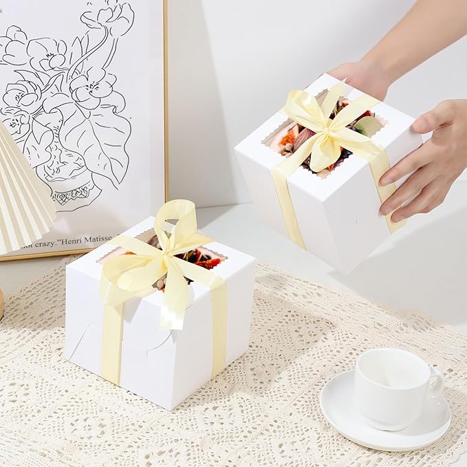40pcs 6x6x5 Inch Mini Cake Boxes with Cake Boards Small Bakery Boxes with Window 6 Inch Bento Cake Box for Cookie Pastry Wedding Birthday Party Christmas (20 Boxes and 20 Boards, White)