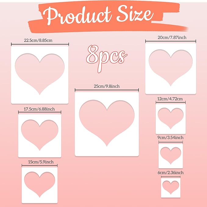 Heart Stencils for Painting 8 PCS Plastic Heart Reuseable Stencils for Painting Spraying Drawing on Wall Wood Flag Paper