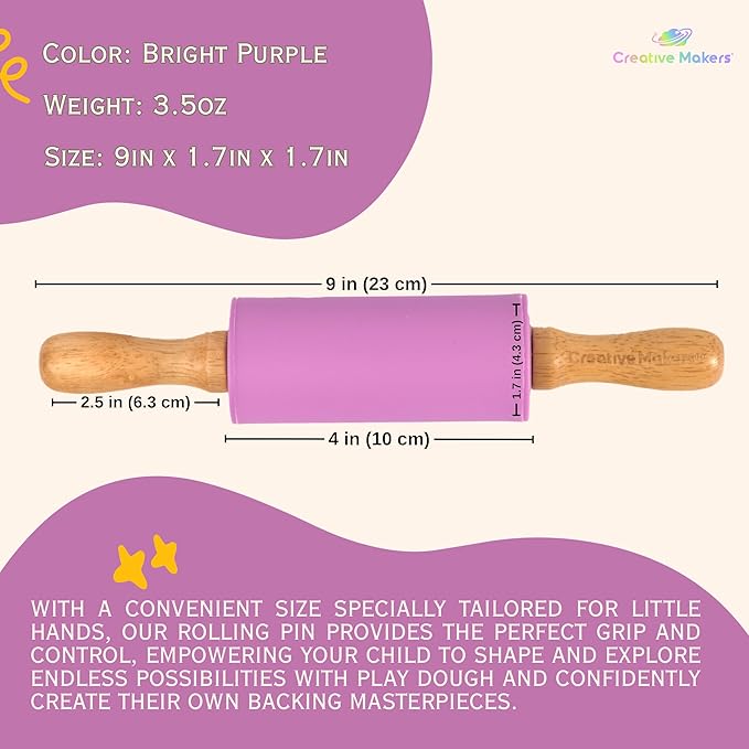 Small Rolling Pin for Kids, Non-Stick Silicone Surface with Wooden Handles for Play Dough and Baking Rolling Pin (Bright Purple)