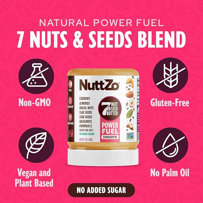 NuttZo Natural Power Fuel 7 Nuts and Seeds Butter, Smooth, Paleo and Keto Friendly, Peanut and Gluten Free, Kosher, No Added Sugar or Oil, 12 oz Jar, 6 Pack