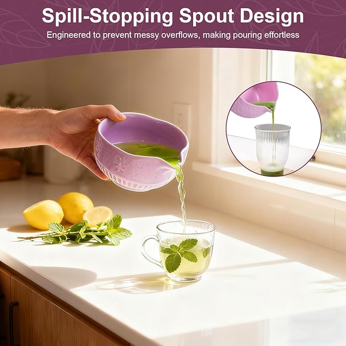 Matcha Set, 9 Pcs Ceramic Matcha Set Includes Bowl, Whisk and Holder, Bamboo Scoop, Scoop Rest, Sifter and Tea Towel ect- Complete Kit for Traditional Matcha, Modern Lattes (Purple)