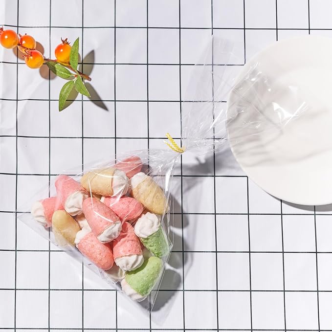 Brandon-super 200 PCS Transparent Clear Cellophane Bags 9x12 Inches, Clear Treat Bags with Ties for Cookie Bags Resealable Cellophane Bag for Packaging Cookies,Gifts,Products,Candy,Favors