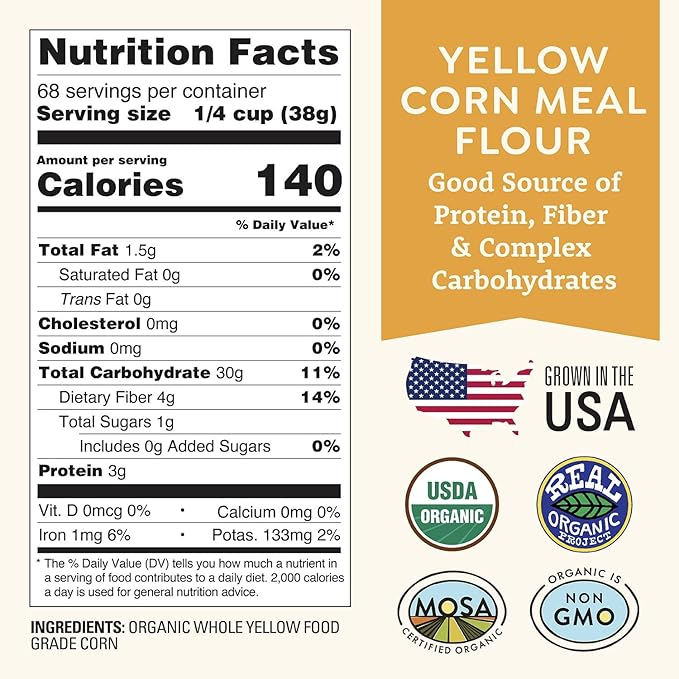 Organic Yellow Cornmeal 5 lb Fine Grind - Non-GMO, Gluten-Free, Sugar-Free, Farmed From Regenerative Soil, Vegan, Grown In USA, For Baking Cornbread, Muffins, Pancakes, and More by Doudlah Farms