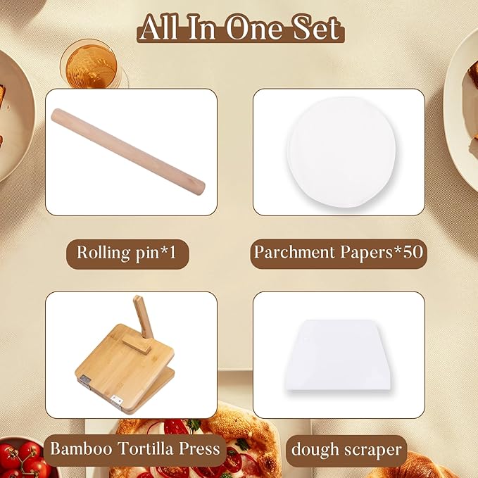 Premium Wooden Tortilla Press（Square 10"),Tortilla Maker Press Set with 50 Pieces Parchment Paper, Rolling Pin,Dough Scraper,Easy to Use and Clean,Durable and Solid.