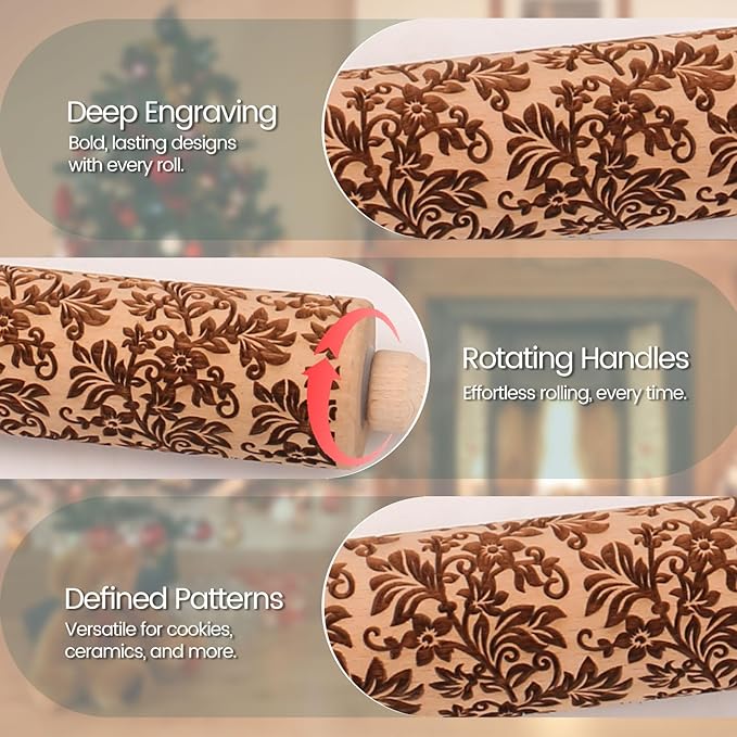 Floral Vine Embossed Rolling Pins for Cookies, Wooden Engraved Rolling Pins for Baking, Embossing Rolling Pins with Designs, Patterned Rolling Pin Decorative Springerle Mold Stamp Clay Pattern Roller