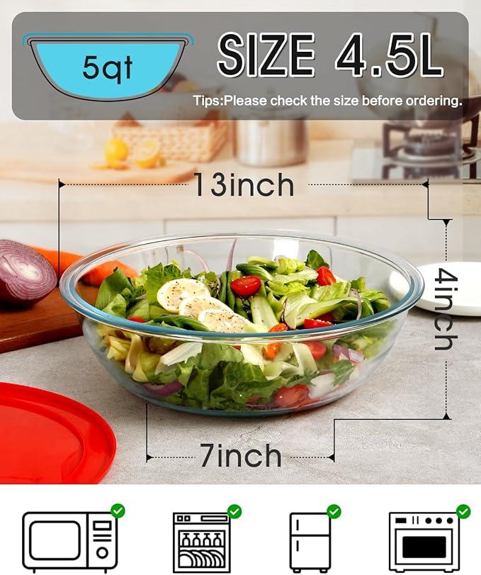 NUTRIUPS 5QT Large Tempered Glass Salad Bowl with Lid, 13 inch Clear Glass Bowls for Mixing, Prepping, Storage, Large Shallow Flat Bottom Bowl for Sourdough