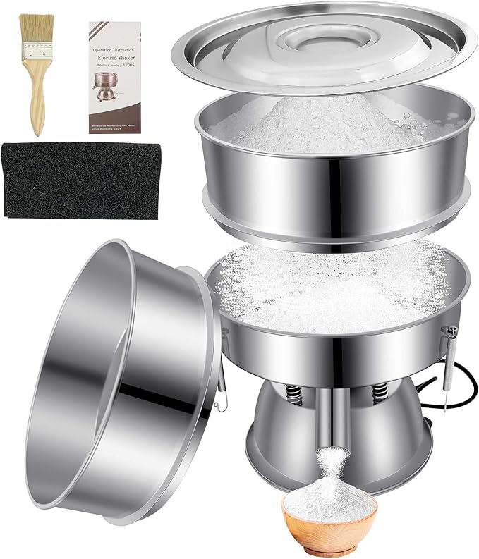 Automatic Powder Sifter Machine 12 Mesh 80 Mesh Automatic Sieve Shaker Vibrating Machine 110V Stainless Steel Sieve Shaker Machine with 2 Screens, Sieve Shaker Machine for Flour Powders