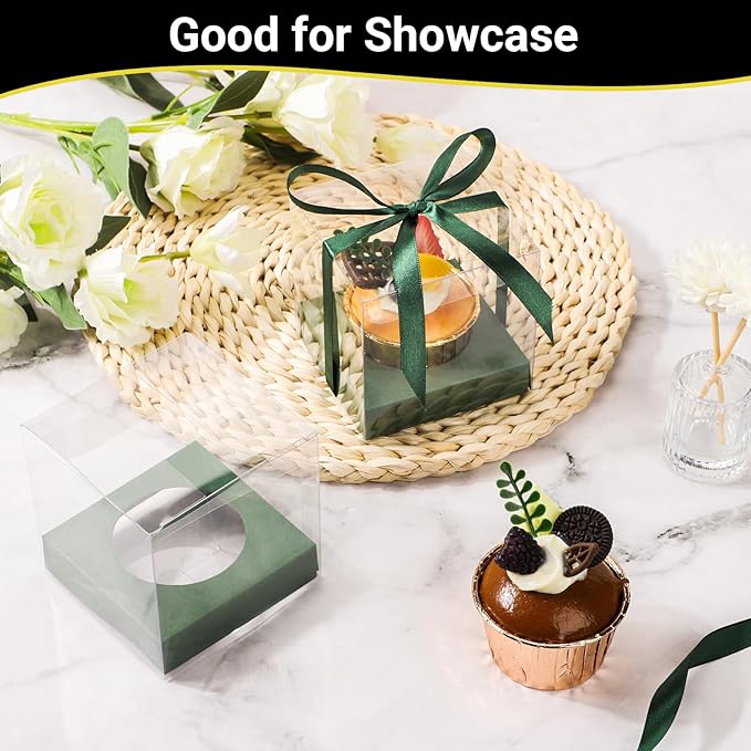 EUSOAR Disposable Green Cupcake Boxes, 12pcs 3.5 Inch Plastic Individual Cupcake Carrier Storage for Cake Dessert, Transparent Cupcake Holder Carrier with Ribbons for Wedding Party Bakery Favor
