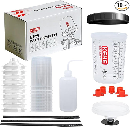 Disposable Paint Cups for Spray Gun,Mixing Cups 26 Ounce (800ml) Kit with 10 Liners and Lids with Strainer System for HVLP&LVLP,1 Hard Cup with Retainer Ring,5 Plugs,1 Cap,1 Wash Bottle
