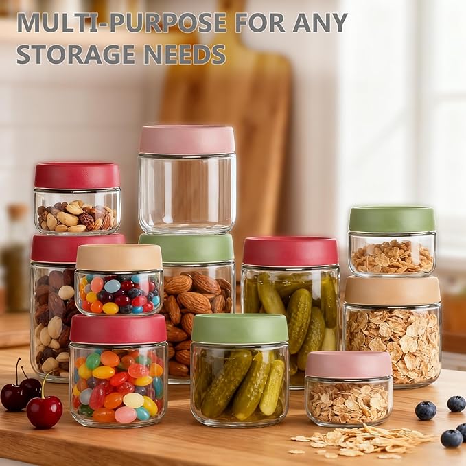 12 Pack Sealed Glass Jars with Lids 4oz 10oz 16oz, Overnight Oats Storage Containers, Salad, Yogurt, Snacks, Spices, Meal Prep Mason Jars - Reusable & Airtight