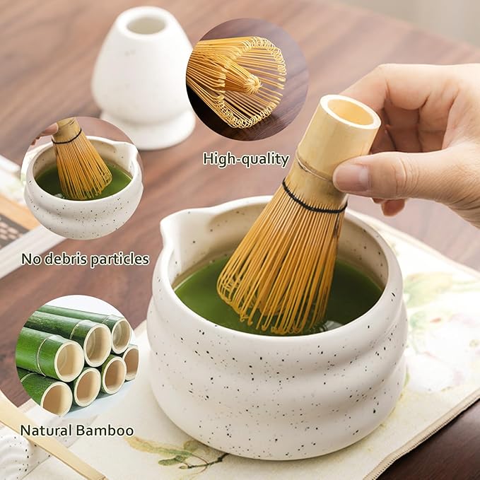 cjc 7-Pcs Matcha Whisk Set, Matcha Set for Beginner-18oz Ceramic Matcha Bowl with Spout, Bamboo Whisk and Holder, Scoop, Sifter ect.– Ceremony Matchas Powder Kit Complete Gift for Matcha Lover (White）