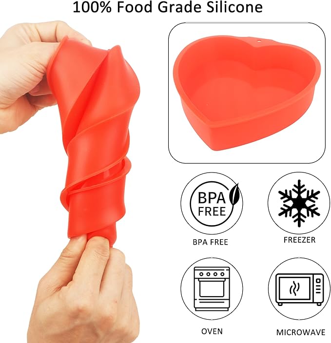 MILIVIXAY 2PCS Heart Shaped Cake Pans, 6 Inch Cake Mold, Red, Thin Style, Completely Non Stick, Food Grade Silicone, Easy To Store and Wash, Microwave, Freezer and Oven Safe.