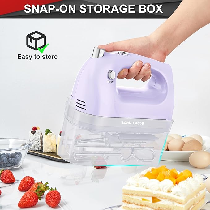Lord Eagle Hand Mixer Electric 400W, 5 Speed handheld Mixer, 5 Stainless Steel Accessories for Baking Cake Egg Cream Food Beater, Turbo Boost/Self-Control Speed + Eject Button, Purple