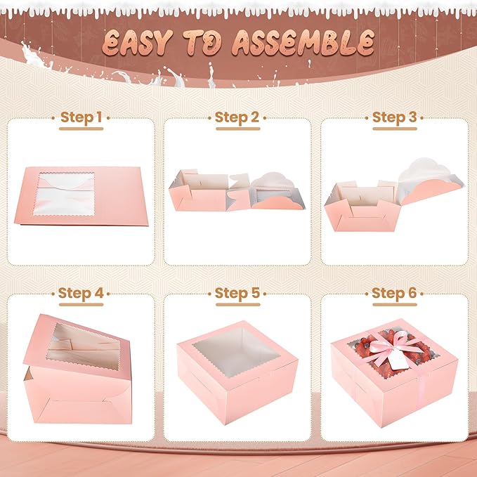 32Pcs 10 Inch Cake Boxes With Boards (16Pcs Pink, 16Pcs Boards), 10x10x5 Inch Bakery Boxes With Window, Carrier Container for Birthday Party, Wedding